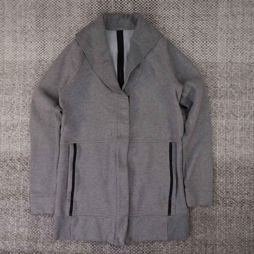 Lululemon Grey Shawl Collar Snap Front Cardigan Jacket with Back Stripe Mens L